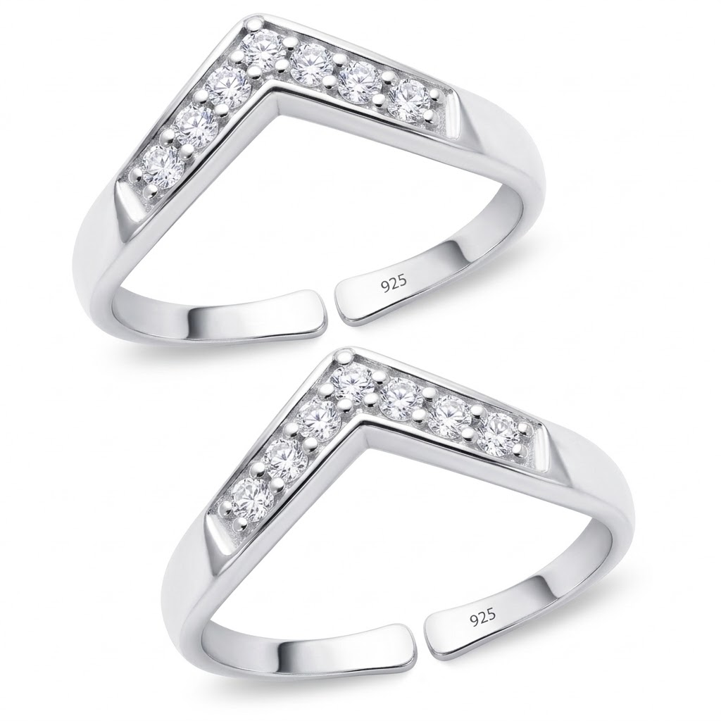1 V shape silver toe ring with white CZ for women