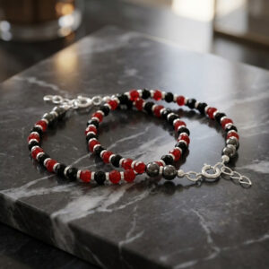 Pure silver baby nazariya bracelet with red and black beads in 92.5 silver