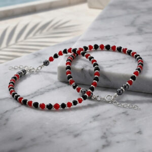 Pure silver baby nazariya bracelet with red and black beads in 92.5 silver