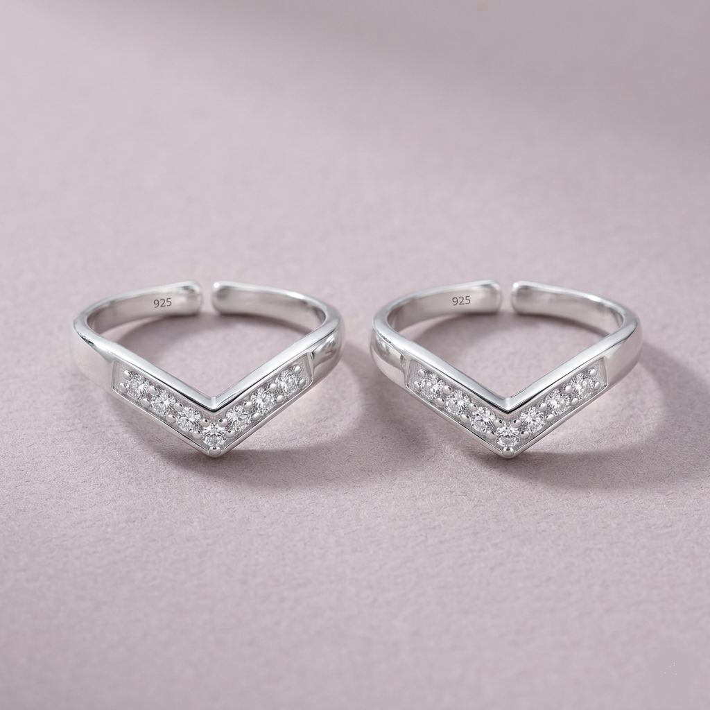 2 V shape silver toe ring with white CZ for women