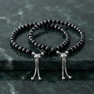 Adjustable Baby nazariya bracelet with black beads in pure silver