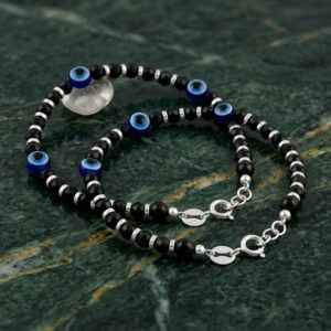 Baby nazariya in silver with 3 evil eyes and black beads