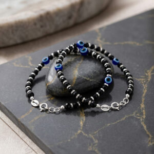 Baby nazariya in silver with 3 evil eyes and black beads
