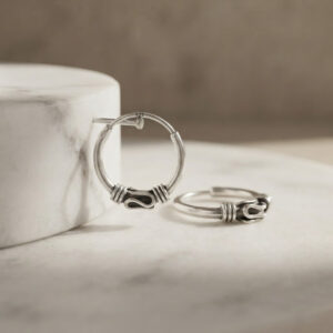 Pure silver round bali hoops oxidized earrings