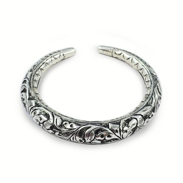 Pure Silver Chandi Oxidized Hollow Adjustable Tribal Nakkashi Kada for Men in 92.5 Sterling Silver