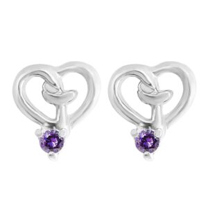 Silver studs heart shape earrings with purple cz solitaire