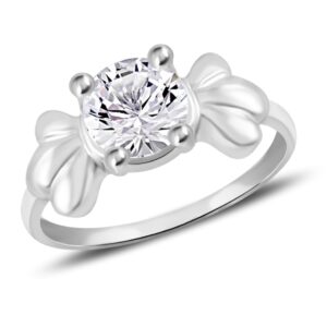 Floral pattern pure silver finger ring for women and girls with solitaire