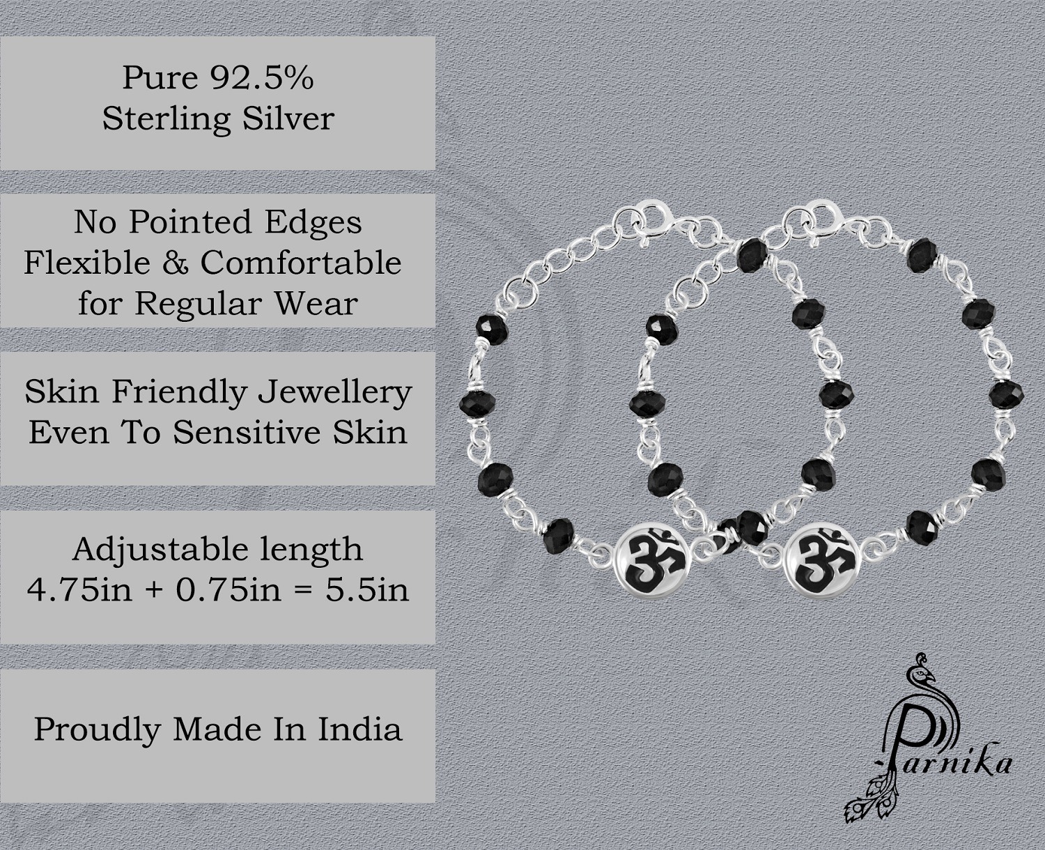 Om symbol design Baby nazariya in pure silver with black beads Om symbol design Baby nazariya in pure silver with black beads