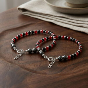 Pure silver baby nazariya bracelet with red and black beads in 92.5 silver