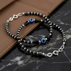 Baby nazariya bracelet with evil eye & black beads in silver