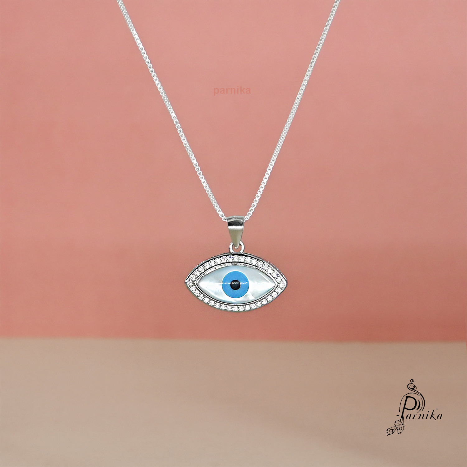 MJPD0053 5 Evil eye Zircons studded eye shape pendent in 92.5 certified pure silver from parnika