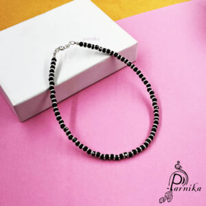 Adjustable silver nazariya anklet payal with black & silver beads