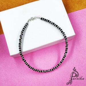 Adjustable silver nazariya anklet payal with black & silver beads