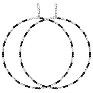 Adjustable silver nazariya anklet payal with black & silver beads