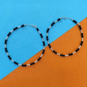 Adjustable silver nazariya anklet payal with black & silver beads