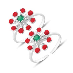 Floral pattern silver toe ring with red enamel and green stone