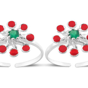 Floral pattern silver toe ring with red enamel and green stone