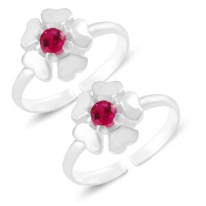 Flower pattern heart shape petals silver toe ring with pink gemstone