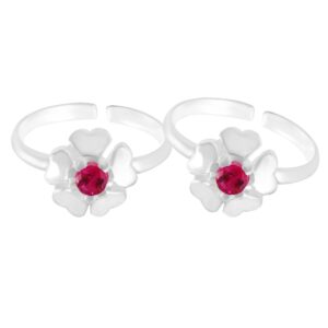 Flower pattern heart shape petals silver toe ring with pink gemstone