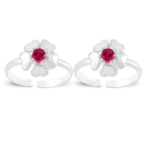 Flower pattern heart shape petals silver toe ring with pink gemstone