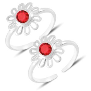 Toe ring in floral pattern with red gemstone in pure silver