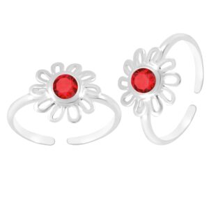 Toe ring in floral pattern with red gemstone in pure silver