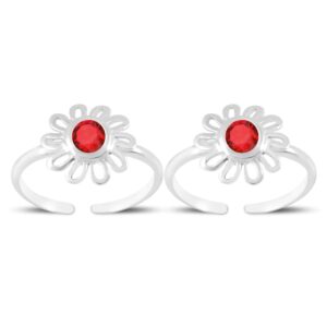 Toe ring in floral pattern with red gemstone in pure silver