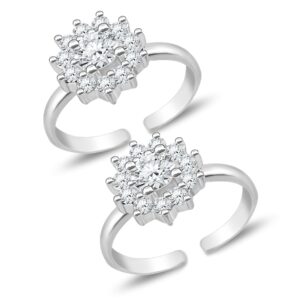 Toe ring in floral pattern with cz in pure silver