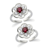 Toe ring in floral pattern with red gemstone in pure silver