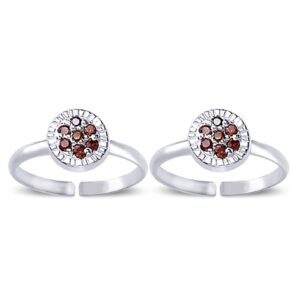 Toe ring in floral pattern with red gemstone in pure silver