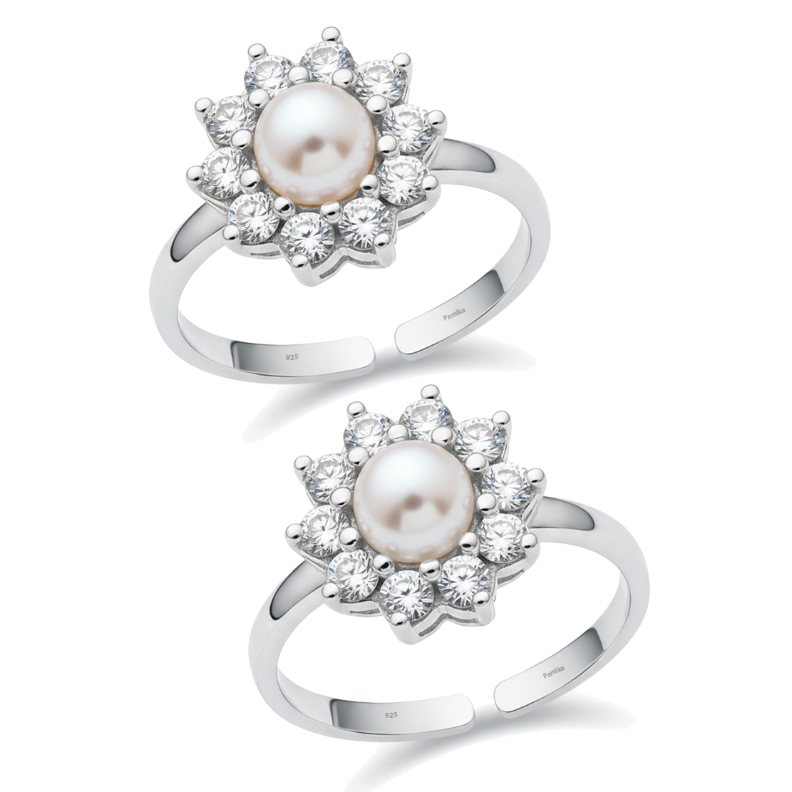 MJTR0194 1 Toe ring in floral pattern with pearl and cz in pure silver
