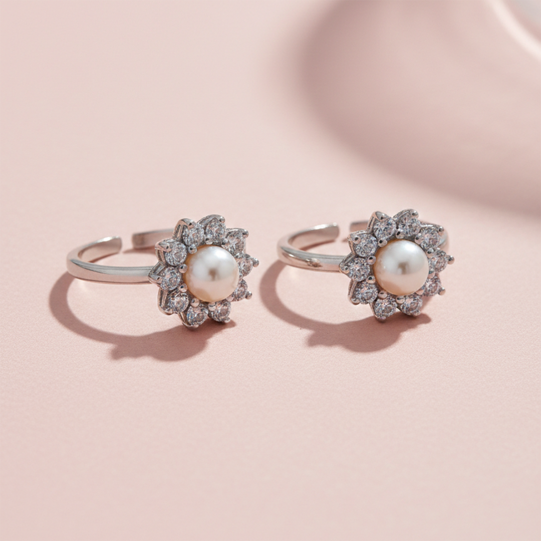 MJTR0194 2 Toe ring in floral pattern with pearl and cz in pure silver