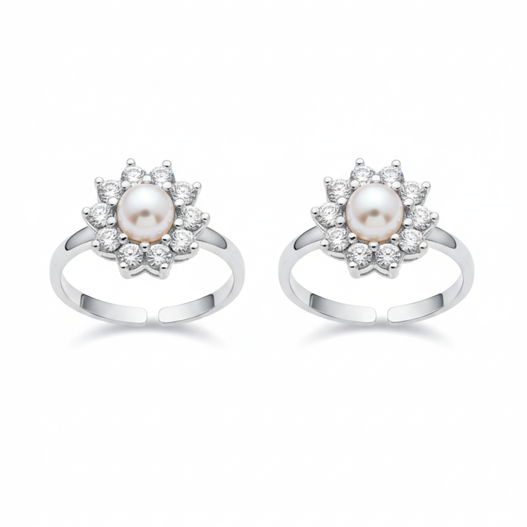 MJTR0194 5 Toe ring in floral pattern with pearl and cz in pure silver