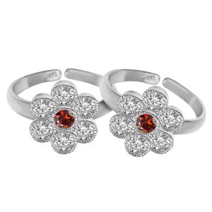 Toe ring in floral pattern with red gemstone in pure silver