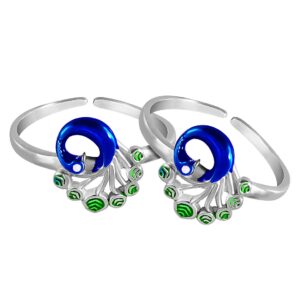 Peacock pattern silver toe ring colorful