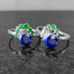 Peacock pattern silver toe ring colorful
