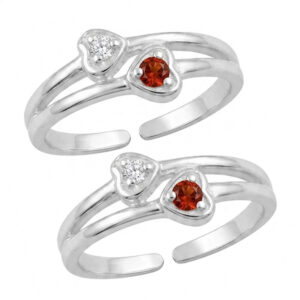 silver toe ring with red and white gemstone heart shape