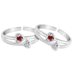 silver toe ring with red and white gemstone heart shape