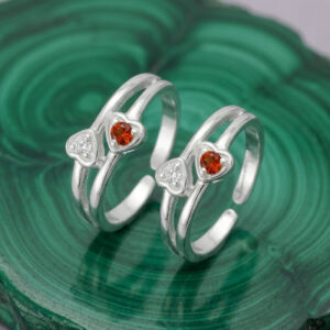 silver toe ring with red and white gemstone heart shape