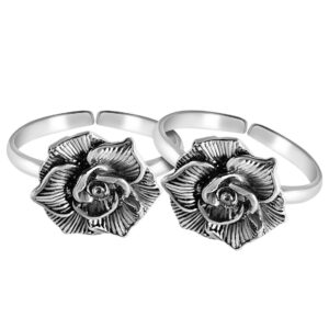 Antique pure silver oxidized flower toe ring