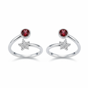 Top open silver toe ring with two stones red and white