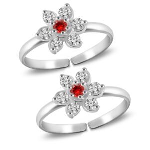 Toe ring in floral pattern with red gemstone in pure silver