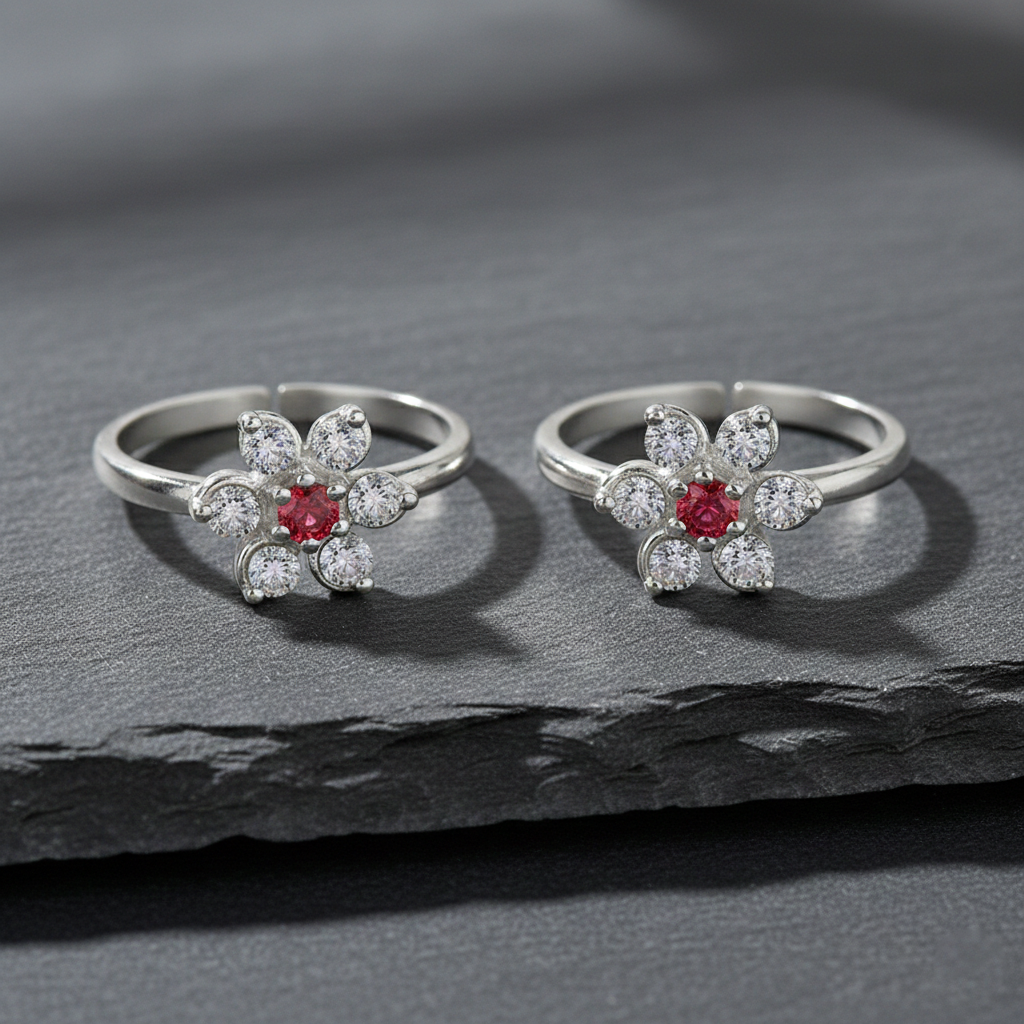 MJTR0301 FK 2 Toe ring in floral pattern with red gemstone in pure silver