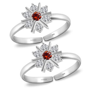 Toe ring in floral pattern with red gemstone in pure silver