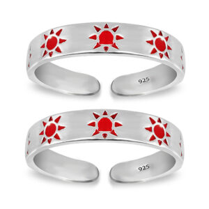 Plain silver toe ring with red enamel