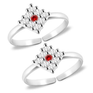 Square silver toe ring with red stone at center