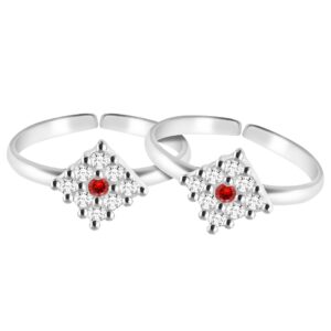 Square silver toe ring with red stone at center
