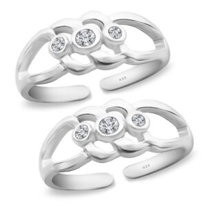 Braid pattern silver toe ring with white gemstone