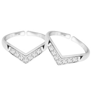 V shape silver toe ring with white CZ for women