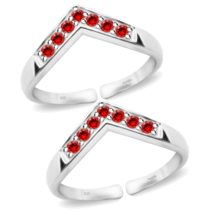 V shape silver toe ring with red stones